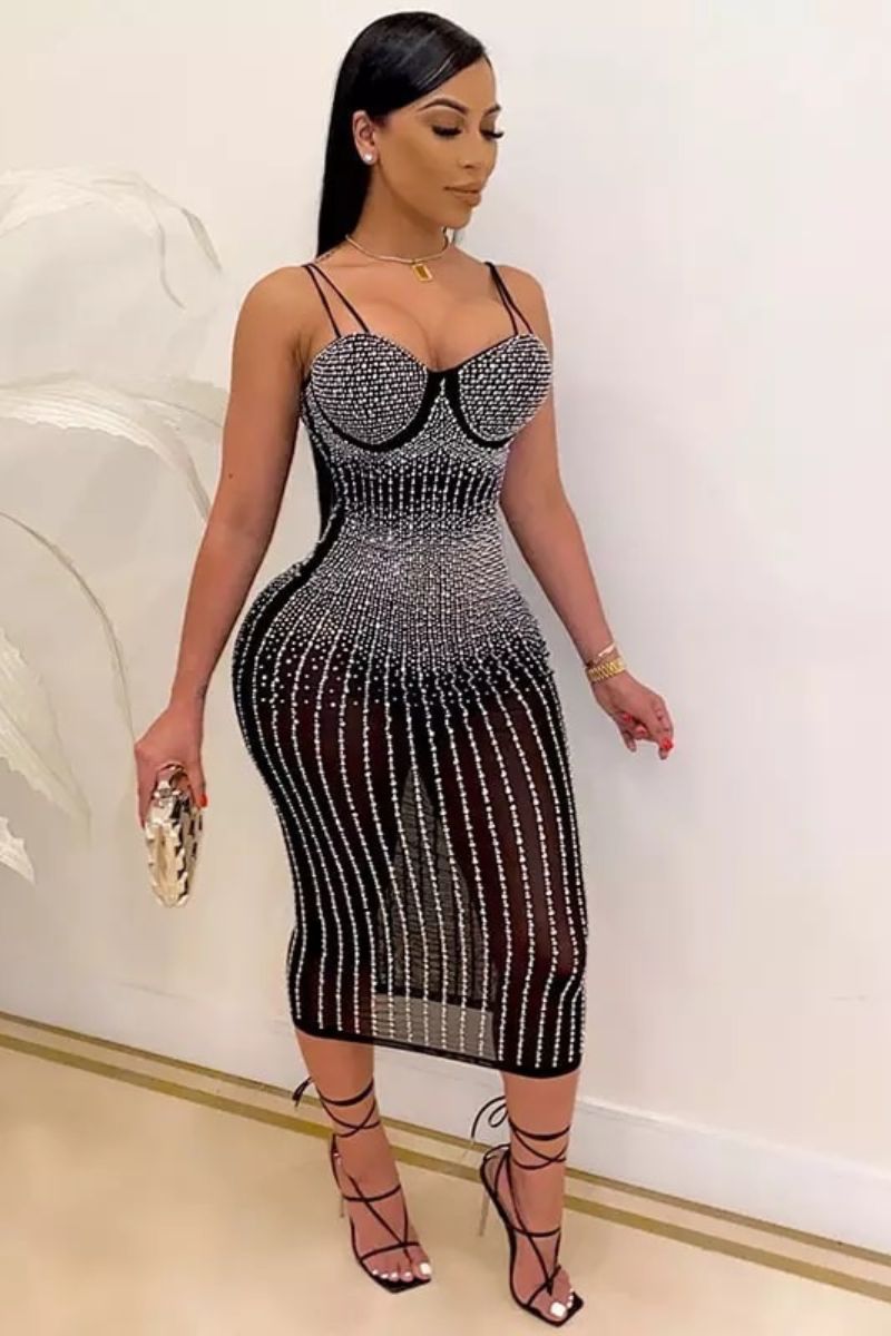 NICOLE DIAMANTÉ MESH DRESS