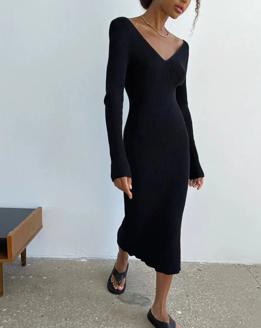 Timeless Elegance - Knit Rib Midi Pencil Dress