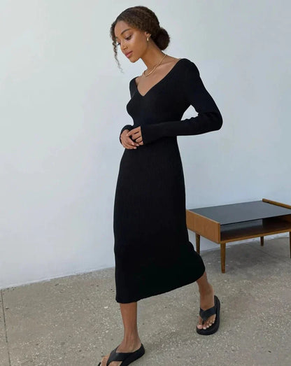 Timeless Elegance - Knit Rib Midi Pencil Dress