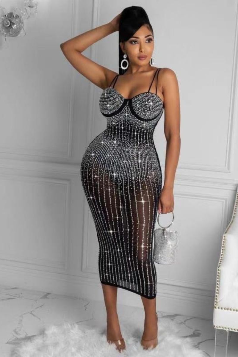 NICOLE DIAMANTÉ MESH DRESS