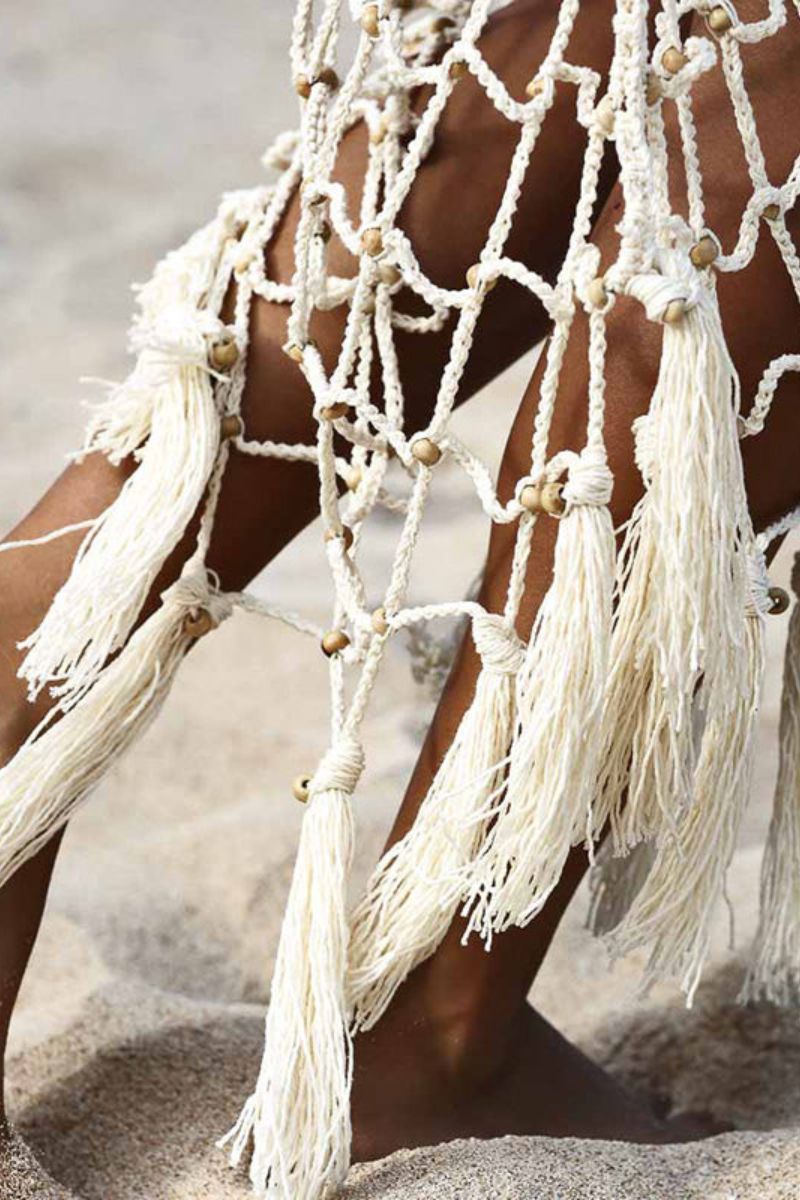 Gonna da spiaggia estiva | Copricostume traforato all'uncinetto con decorazioni di perline