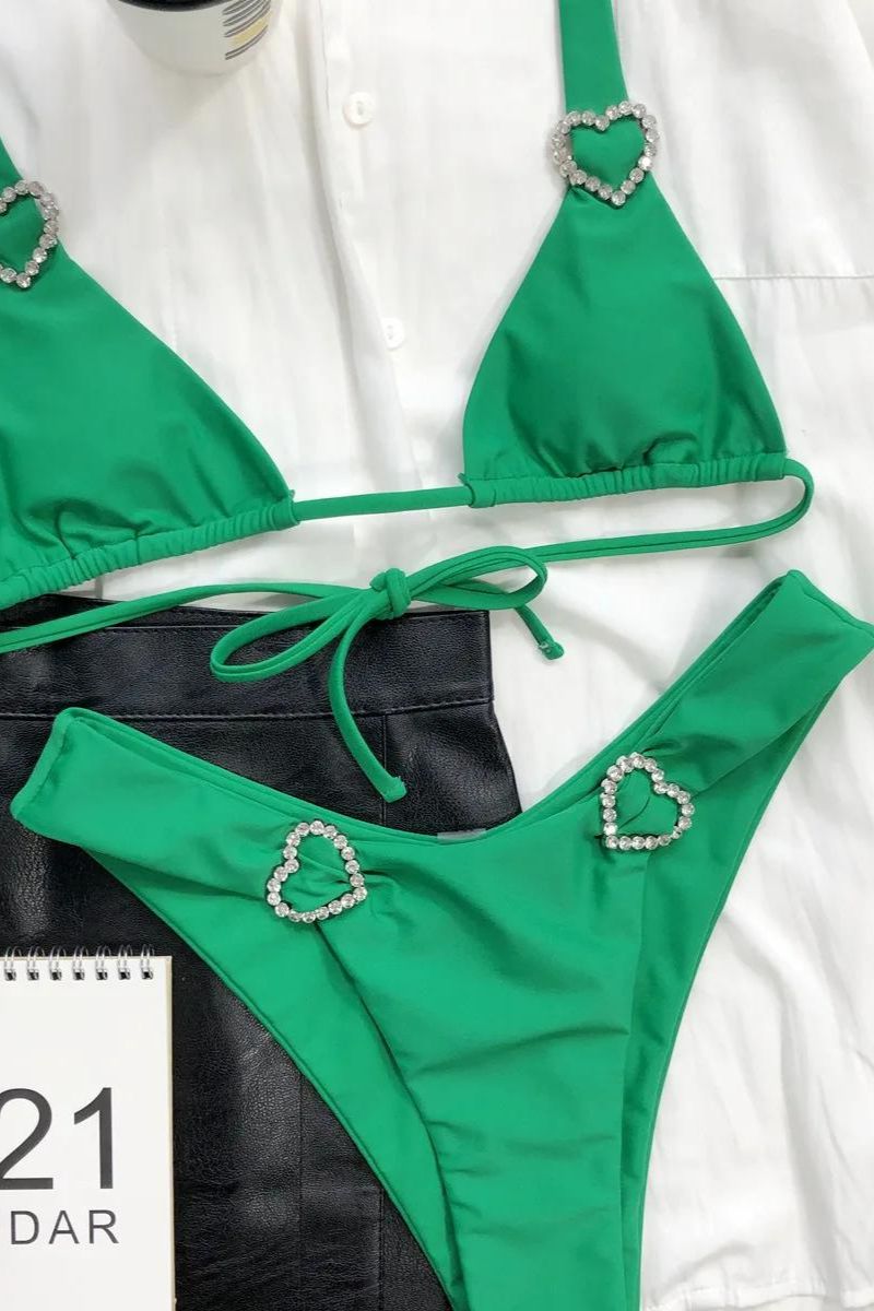 Rhinestone Heart Halter Bikini Set